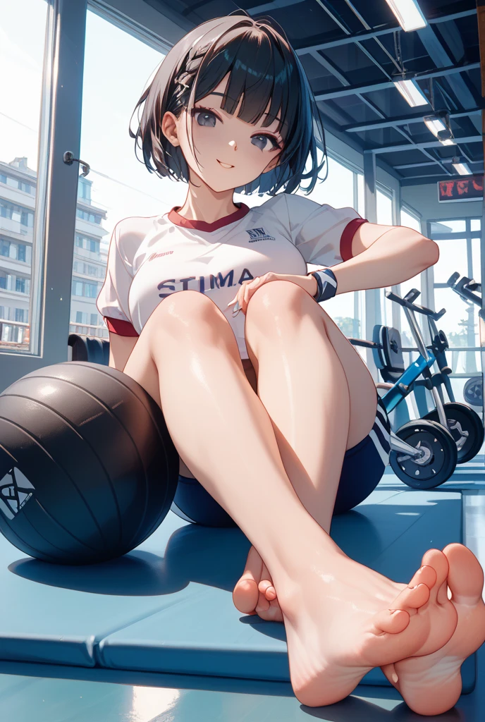 Sit on a big ball、tomboy、girl、stretch