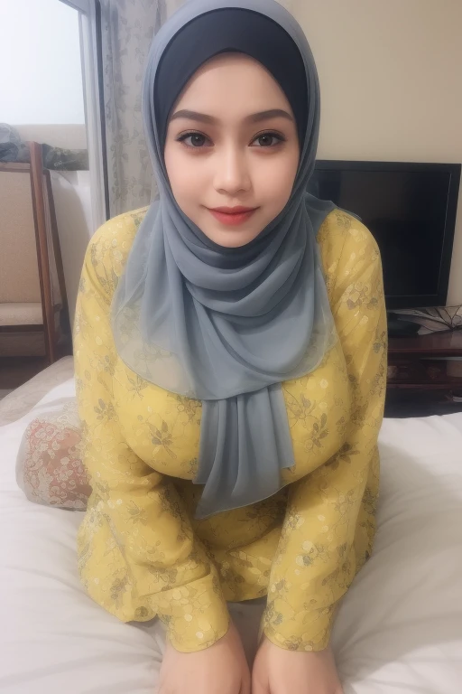 Malay girl with white hijab standing in hipster cafe, happy, smiling, nighttime, wearing green Floral Ruched Strapless dress, white sneakers,  professional lighting, blur background, cool ambient, bokeh, small breast, small waist, small head, skin spots, acnes, skin blemishes, short petite body, wide hips, thick thighs, long leg, thick leg, sexy pose, bright lighting, mole below eyes, skin spots, acnes, skin blemishes, age spot, detail skin texture, skin detail, skin wrinkle detail, dark brown skin, gold necklace,