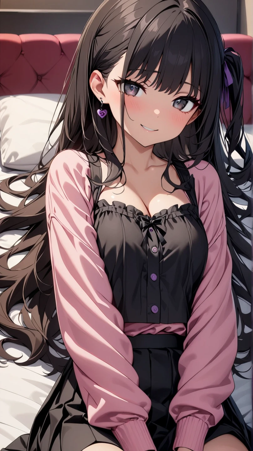 (best quality:1.1), (Masterpiece:1.2), lady, long hair, black hair, Hair bow, ถักเปีย, pink eyes, ((beautiful breasts:1.3)), beautiful, cute, Bright face, Good mood, ((pajamas dress)), ((very wet)), ปากอมชมพู, ยิ้ม, ((bedroom)), ((sfw)), เย้ายวน, collarbone, ((Highest quality, Best Performance, Maximum details, Light and shadow details:1.2, 4k details))