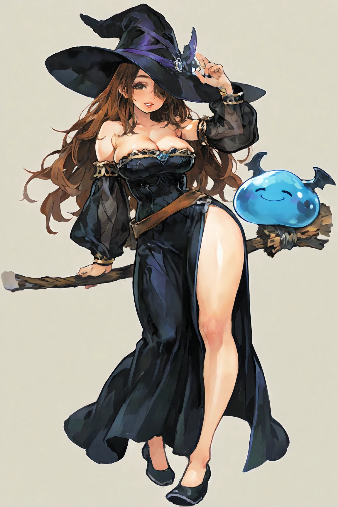 ((1girl, solo)), sorceress (dragon's_crown), (large breasts:1.5), beautiful body, (perfect anatomy, perfect body, perfect hands, perfect legs), nice hands, natural proportions, sexy body, standing, holding a staff BREAK 

((extremely detailed face)), brown eyes, (beautiful detailed eyes:1.6), (realistic pupils, realistic iris:1), expressive eyes, looking at viewer, (clear eyes:1.3), (hyperrealistic:1.2), (detailed skin texture:1.2), smooth skin, (red hair:1.5), long hair, (detailed lips:1.2), (attractive lips:1.1), (glossy lips:1.1), ((smile)), perfect face, perfect eyes BREAK

witch hat, strapless dress, collarbone, cleavage, detached sleeves, bare shoulders, tight wrist, side slit, thigh, high heels, staff BREAK

(masterpiece:1.5), anime-style, top quality, best quality, (beautiful and aesthetic:1.2), (ultra detail:1.5), Ultra-detailed depiction, Ultra-precise depiction, extremely detailed 8k illustration, high resolution, (highly detailed shading:1.2), (realistic lighting:1.4), perfect lighting, vibrant colors, dynamic tones, striking hues, 8k, absurd resolution, perfect shadows, hdr, UHD, ambient lighting, realistic, ultra-realistic, photo realistic, highly detailed, rich detail, luminous colors, fine texture, intricate design, professional illustration, (soft light:1.2), (illustration:0.7)