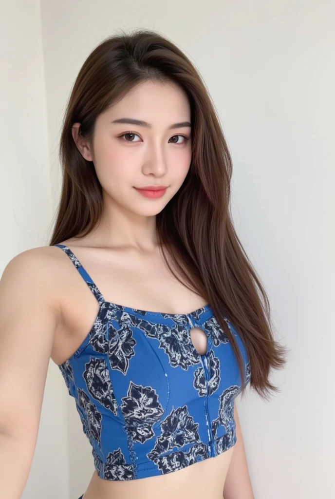 (Realistic, High Resolution: 1.3), 1 Girl with Perfect Body, H1-KEY HWISEO, 45 years old, ((h1-key hwiseo)), ((Tattoos on shoulders and arms)), Highly detailed face and eyes, Long hair, Random color tank top: 1.2, Short jeans, Big, Exposing cleavage, Smiling, A young woman with long brown hair is standing outside on a sunny day. In the background we can see a river, a bridge, and a city skyline under a blue sky and scattered clouds.