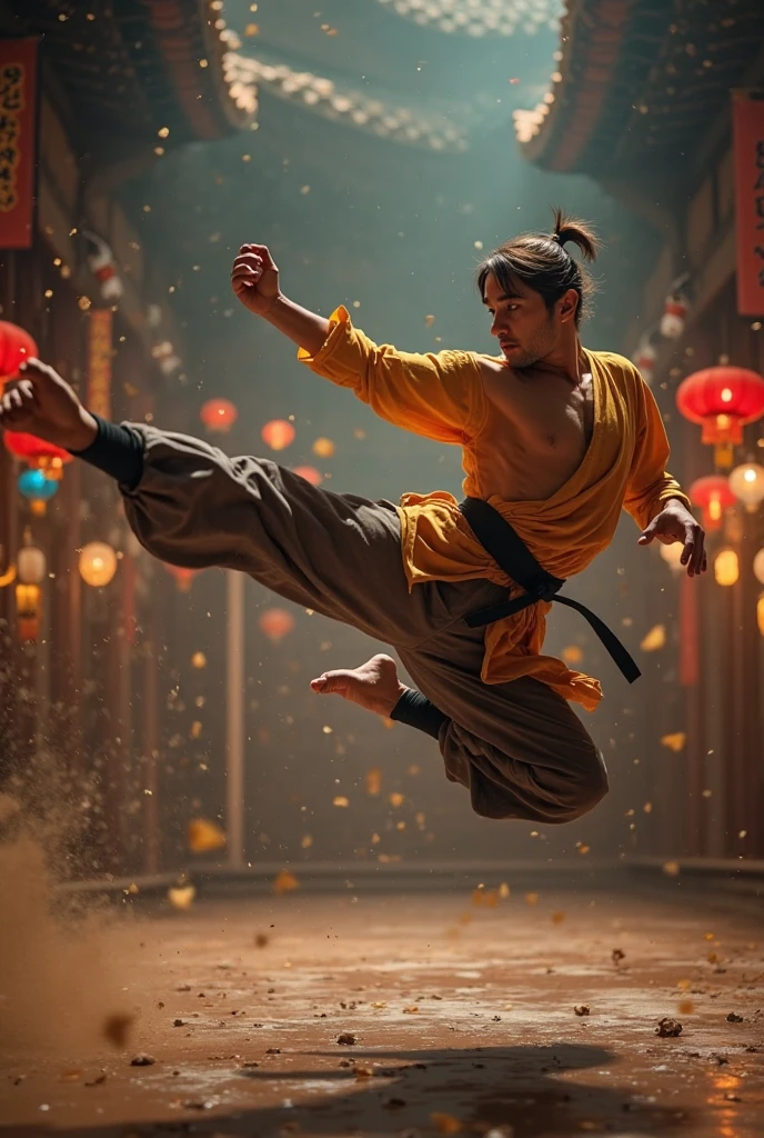 China, kungfu, shaolin, Jackie Chan, fighting play, fullbody, golden skin, photoshoot, ssci-fi, fantasy, intricate, elegant, neon light, highly detailed, digital painting, artstation, concept art, soft light, hdri, smooth, sharp focus, illustration, rendering, unreal engine, 3D modeling