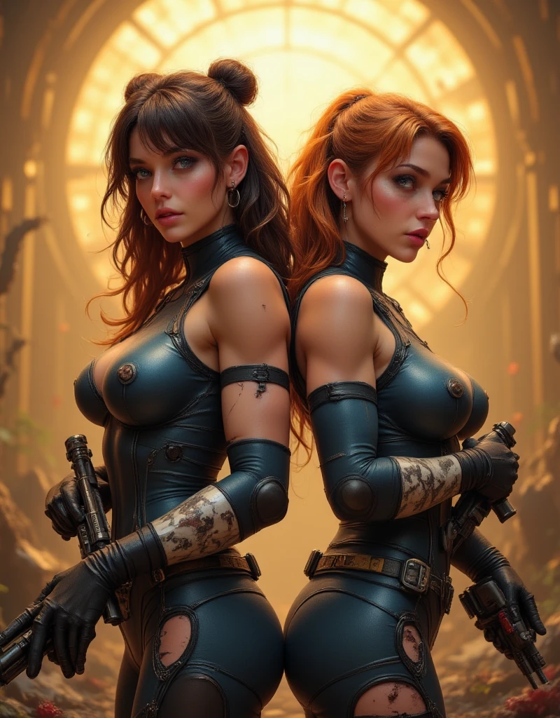 Two beautiful ginger women, with meticulously detailed bodies, clad in intricately designed pirate attire. Their long foam pants and puffy jackets sway gently in the wind. Above their heads, an array of IPA Awards gleam, signifying their masterpiece status in the art world. Permanent lighting bathes their forms in a stunning, chromatic aberration, enhancing every curve and texture. The gritty foam on their ternos adds an element of excitement and energy. Ambient occlusion plays with shadows, creating depth and contrast. Lights flicker, casting sharp focus and contrast onto their faces, highlighting their features distinctly.Better backlight adds drama