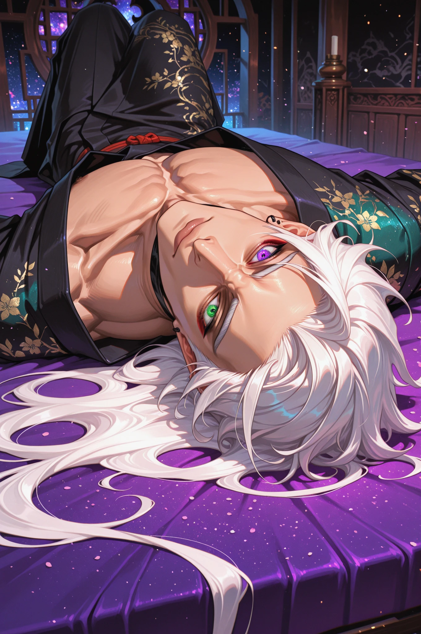 absurdres, highres, ultra detailed, HDR, master piece, best quality, extremely detailed, Dabi, white hair, expressive turquoise eyes, Boku No Hero Academia, solo, ???? man lying on a bed, handsome, smile, ???? ?????, toned ?????, black pants, fantasy, bed, sparkling, blue glittering fireflies, blue blossoms, blue chrysanthemums, blue sparkling lights, room