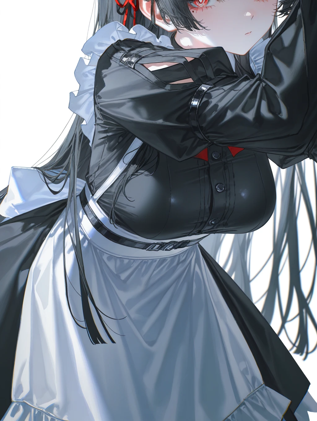 Detailed facial details,1 girl、Cat ear,Black long hair,Wear a white mask,Face covered with white mask,Large Breasts,Wearing a white coat,Wearing a pure white bra,Charming red eyes, Shy expression,Slim,Handcuffs,Collar,Radiant Skin,Facial details are very detailed, Body covered in mud,Hands in the mud,garden