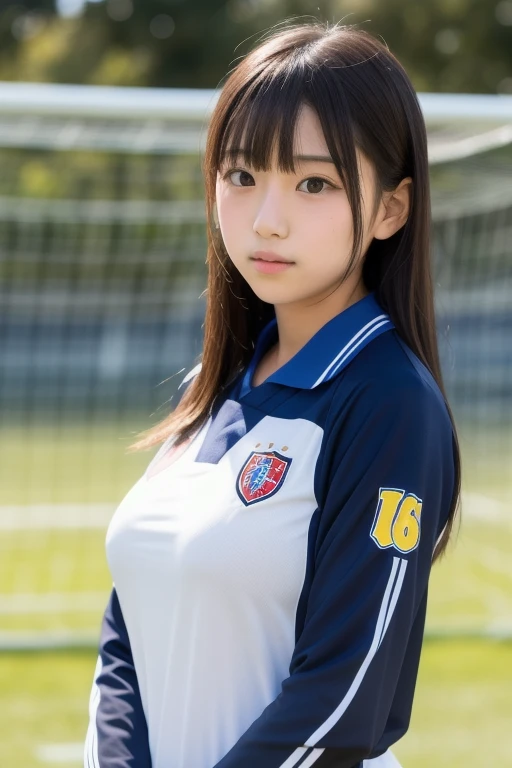 最high quality,Very detailed,finely,High resolution,8k wallpaper,Perfect dynamic composition,Young Japanese Woman,Age 25, Black Hair, thin, 4K, 8k, high quality, beauty, smile, Beautiful Eyes, Characterized by simplicity, High resolution,1 person,Japanese Idols,Large Breasts,Sexy pose,soccer,uniform,soccerボール,Stadium,赤いuniform