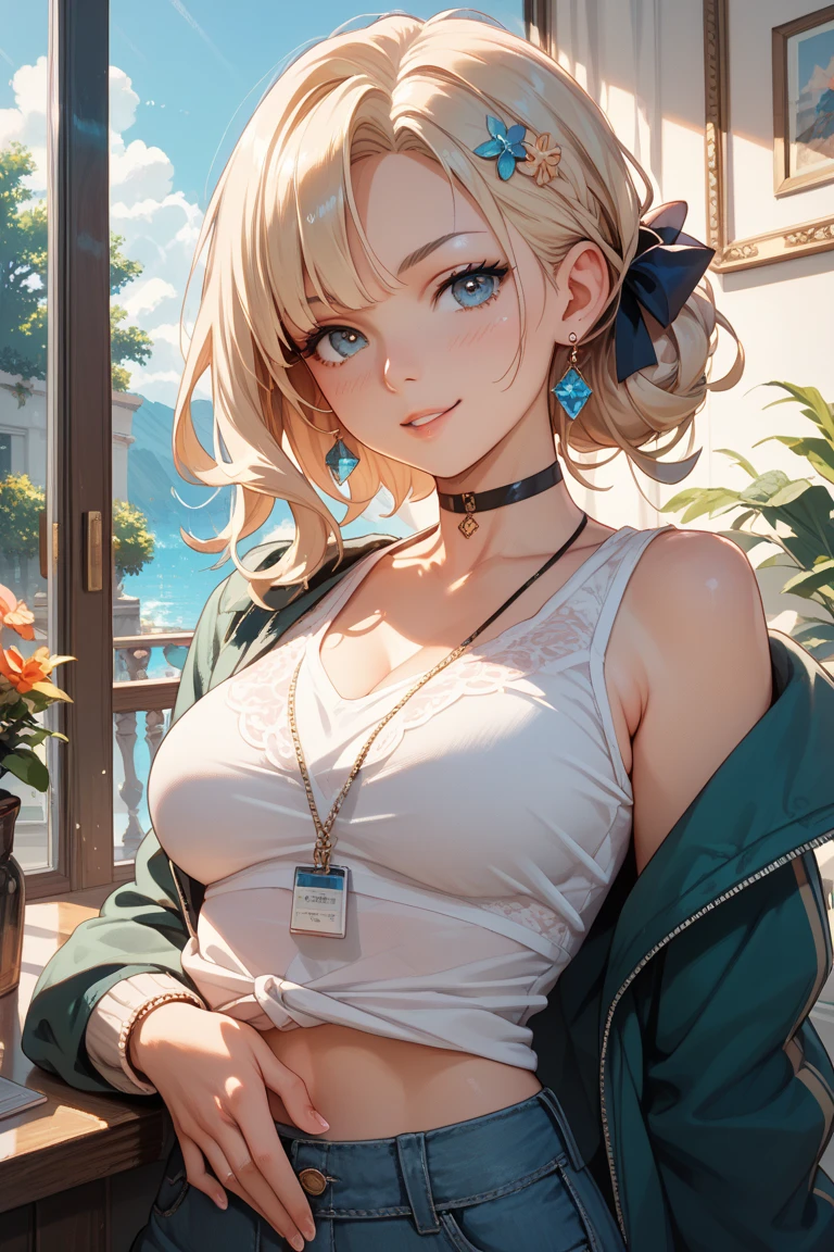 top-quality、Top image quality、masterpiece、girl with((18year old、 Beautiful Aloha Shirts、Black bra、Blue long trousers、Best Bust、Bust 85、a blond、Semi-long、Blue eyes、open chest wide、Valley、Happiness、A slender、Shy face、Gold Earrings、Silver Watches、Raise your right arm))hiquality、Beautiful Art、Background with((In front of a fashionable cinema))、masutepiece、Elaborate design、visualart