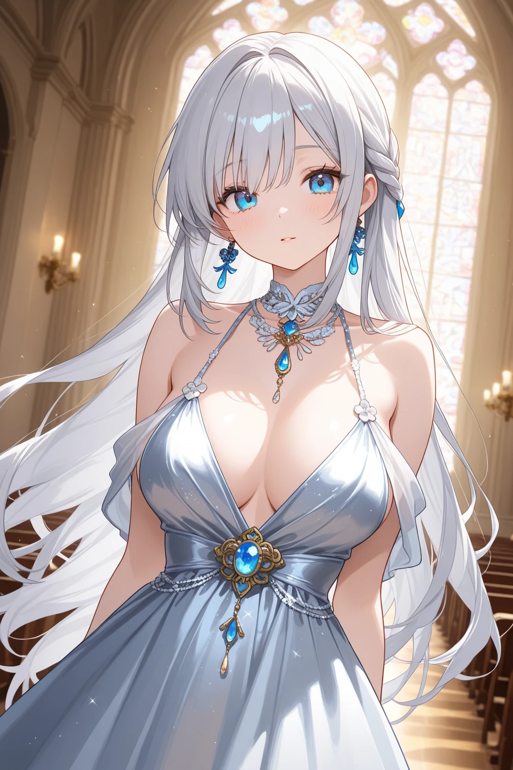 sankta. Luigi (luxurious wheels) (azur lane), 1girll, hair adornments, Earrings, necklace, Portrait, Silver dress, Clothing that exposes, view the viewer, Solo