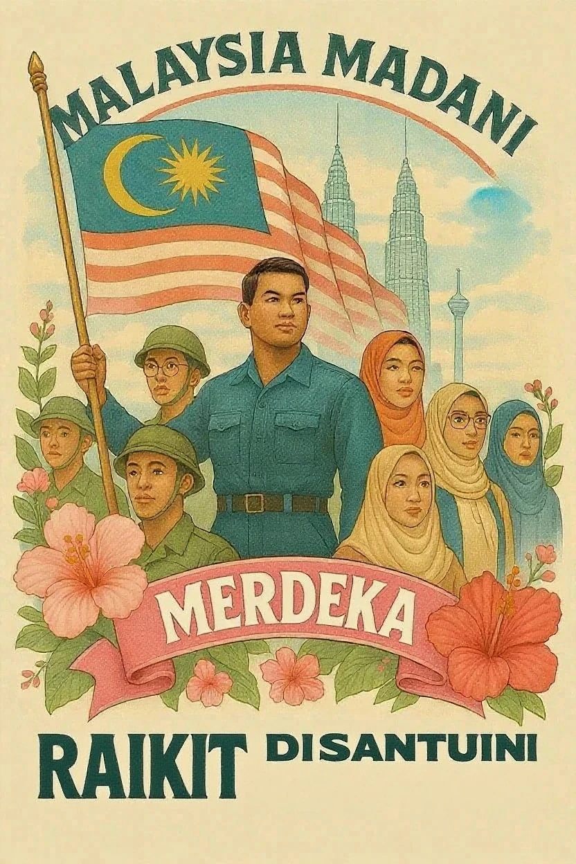 Create a poster about Malaysia independence day. Write "Malaysia Madani" and "Jiwa Merdeka" in the poster. Create it in vjntage style.