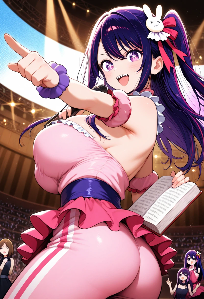 furuderika, long hair, purple eyes, blue hair, blunt bangs, , pink bow, skirt, , large breasts, , pink bow, skirt,　live stage, nipple naked