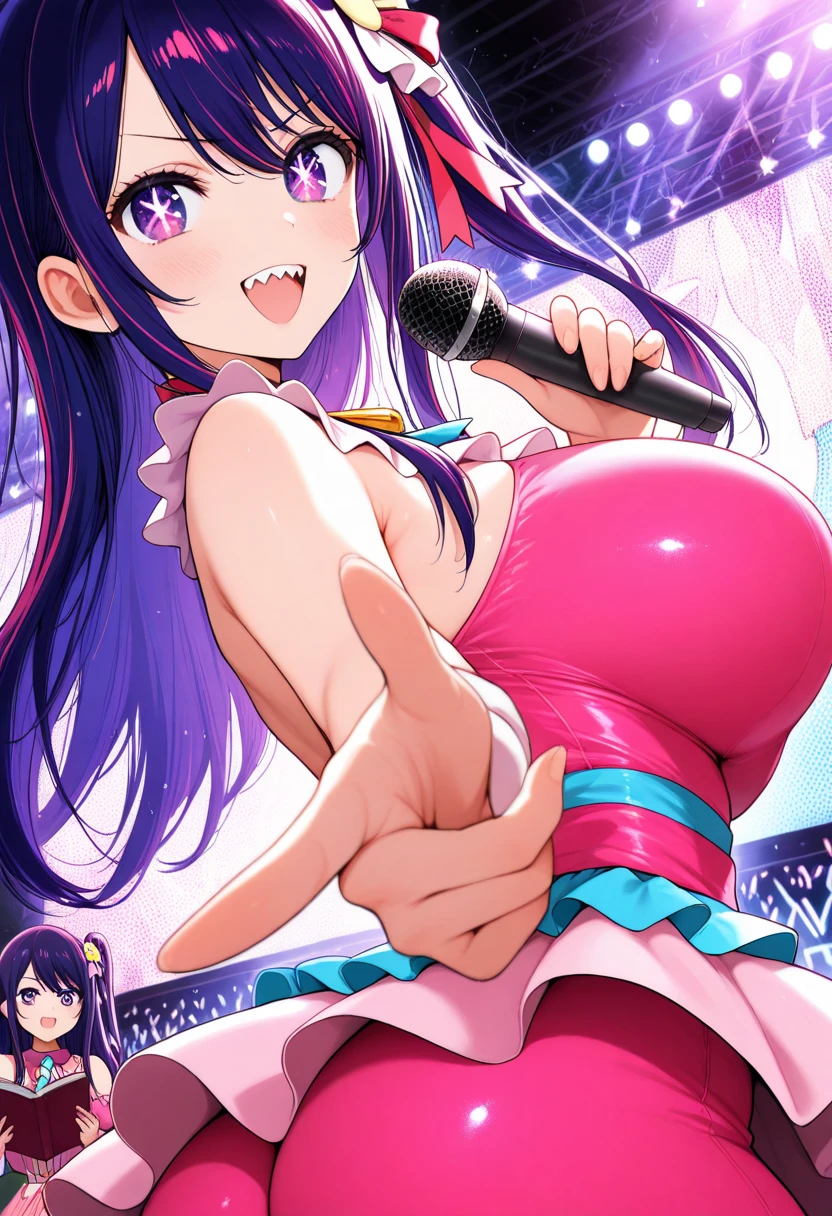 (masterpiece, highest quality, so beautiful, Super detailed), Intricate details, Highly detailed background, perfect lightinghighest quality, Aragaki Hina, alone, Outdoor, beret, White Hat, Purple Hair, Two-tone hair, Split Color Hair, Pink Hair, Blunt bangs, Very long hair, Purple eyes, , live stage, large Breasts, nsfw,, (wearing nothing: 1.5), smile solo Nipples
