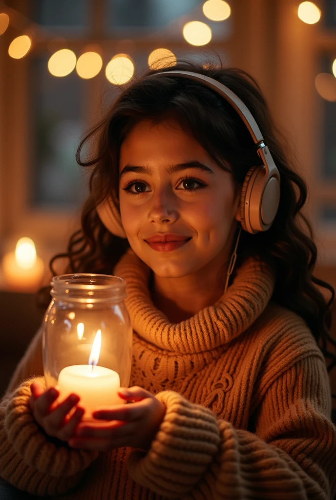 CHILD girl with long BLONDE hair wearing a YELLOW sweater and muffled black ears. AND CANDLES LIT.