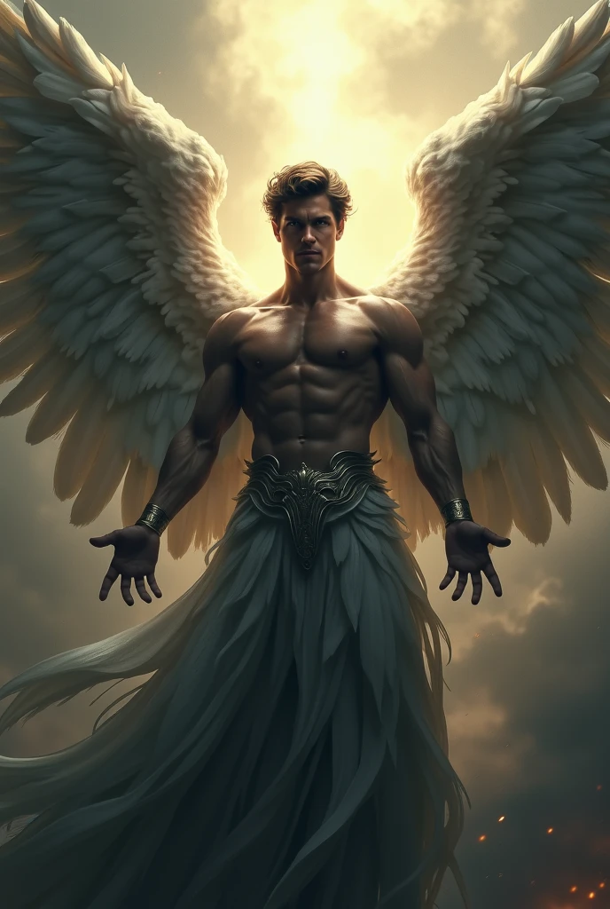 realistic, ((best quality)), ((Masterpiece)), (details),Shawn Mendes, Male portrait of a young angel , 18 year old male model, handsome, high, Looks cuteing, Looks cute, Looks sweet, Powerful, young man, handsome model, Shave clean., Silver eyes. (Blonde:1.5), short curly messy Blonde hair, messy curly hair, short hair, very strong, stalwart, fit, massive muscles, muscleหน้าท้องที่เป็นลอน, (shirtless:1.8), ?????, half ?????, ???????, muscle, tear, Healthy body, fit body, big breasts, Amazing arms, (Big magical angel wings:1.4), (angelic halo :1.4), (Linen draped skirt:1.4), The gates of heaven are behind., (heaven background:1.3) 8k, high details, ultra-details, Pose in style, Real skin texture, dark movie light