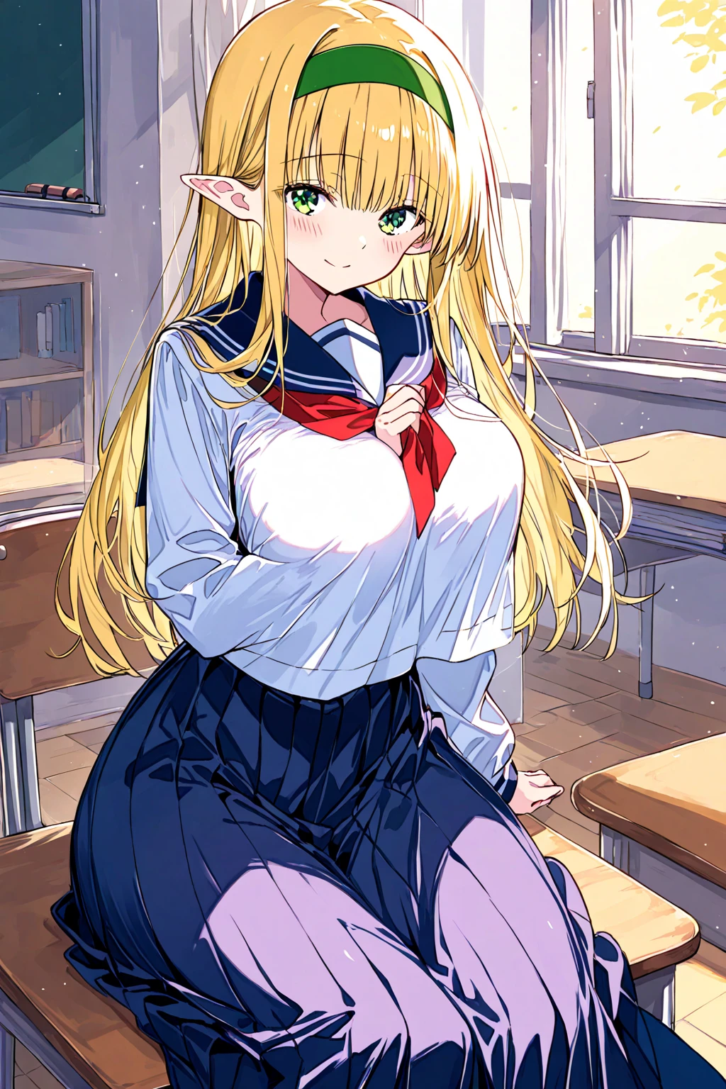 Anime style, Painting, absurderes、perfect anatomia、Olivier Mira Armstrong、bra very、Bra visible from clothes、Braline、breastsout、‎Classroom、cleavage of the breast、clavicle、desk、From above、small breasts, length hair, on desk, pleatedskirt, School Desk, student clothes, see -through, The shirt, sitting on, Sitting on a desk, skirt by the, solo, thighs thighs thighs thighs, red blush, ssmile, elf, showing panties under the dress, small 