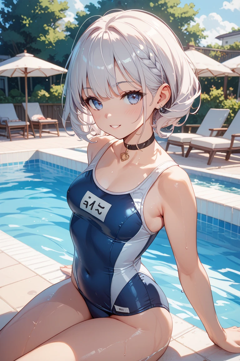  beret, cameltoe:1.4, ((erect nipples:1.3)), (((long gloves:1.3))), (((Latex Swimsuit))), brown loafers, oil skin, ((Latex black calf length socks)), Open your thighs wide to the left and right, squat on the ground、show off your crotch to the viewer, ((enamel bondage:1.3, sit, spread your legs:1.3, ((arm behind head:1.3)), absurdes, bob hayne hair, twin tail, flat lighting, elevation angle, sexy pose, highest quality, Complex, surreal, perspective, very detailed, detailed background, shape, 1 girl, alone, big breasts, embarrassing, blush, Poolside, (Sweat), (vapour)
