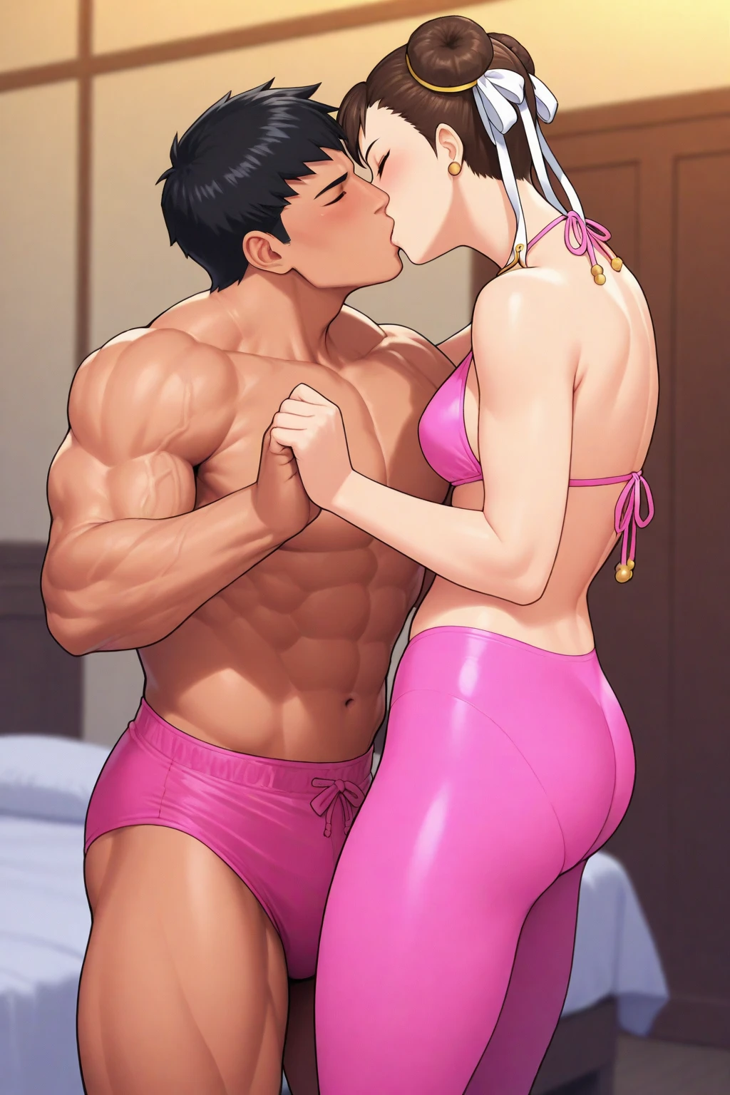 (1 young man), (1 asian Mom), (Duet), A mom seduces a young blackman，（strong and naked black man，short pantuscle body，bodybuilder），（a young mom with big breasts，narrow waist，bare shoulders，(red catsuit dressed, floral print, naked）, European 40 year old milfs and th1 young black man r, best quality:1.4), (Ultra-high resolution:1.2), (8K, RAW photos:1.2), Laurena Lexis, (1 Mom, 1 son), Moms showing off their curves, bend down, Wearing sexy clothes and shorts, and their young son, Clear eyes, A mother and her young son, ((French Kiss)) kiss eachother