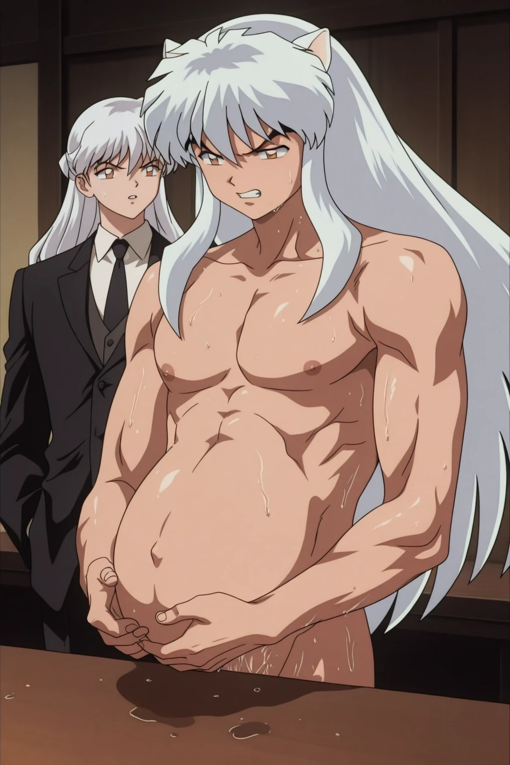 1futa, Saiyan, spiked white hair, green eyes, defined muscles, thin waist, wide hips, dark skin, medium breasts, no clothes, nude, bobs,has a dick,huge , futa on female, on pussy, inside pusy, futanari on female.