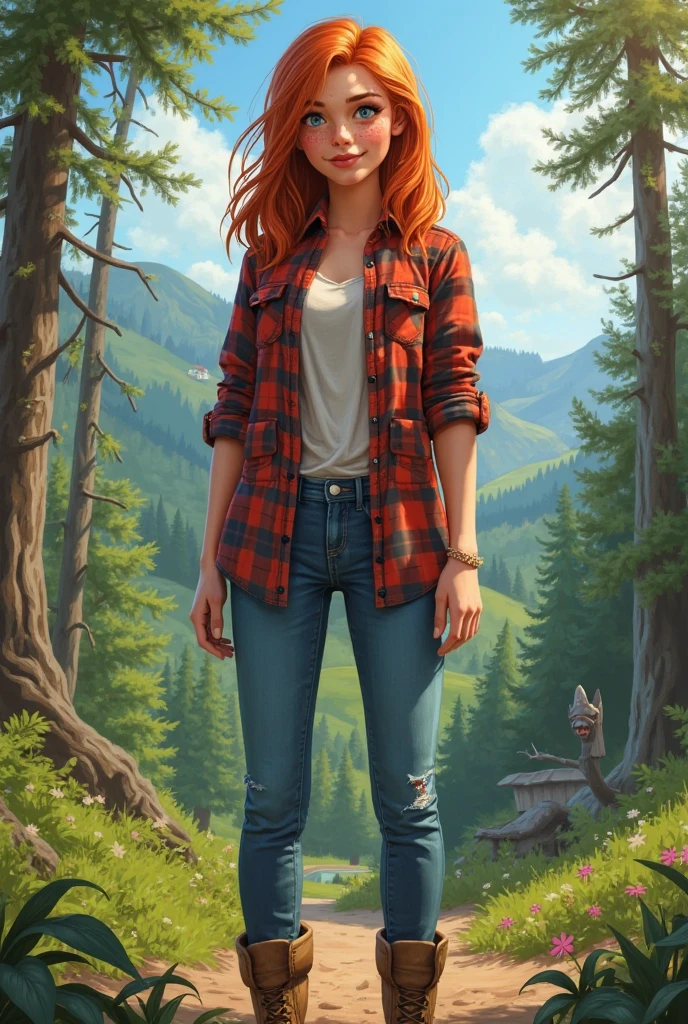 adult Wendy Corduroy from Gravity Falls, cartoon style, wearing a plaid green shirt, blue jeans, long ginger hair, Atey Ghailan, Jeremy Mann, Antonio Moro, Intricate, high detail, dramatic, painting art by midjourney and greg rutkowski, bokeh, artstation, hazel eyes, sunglasses on head, smile, particles
