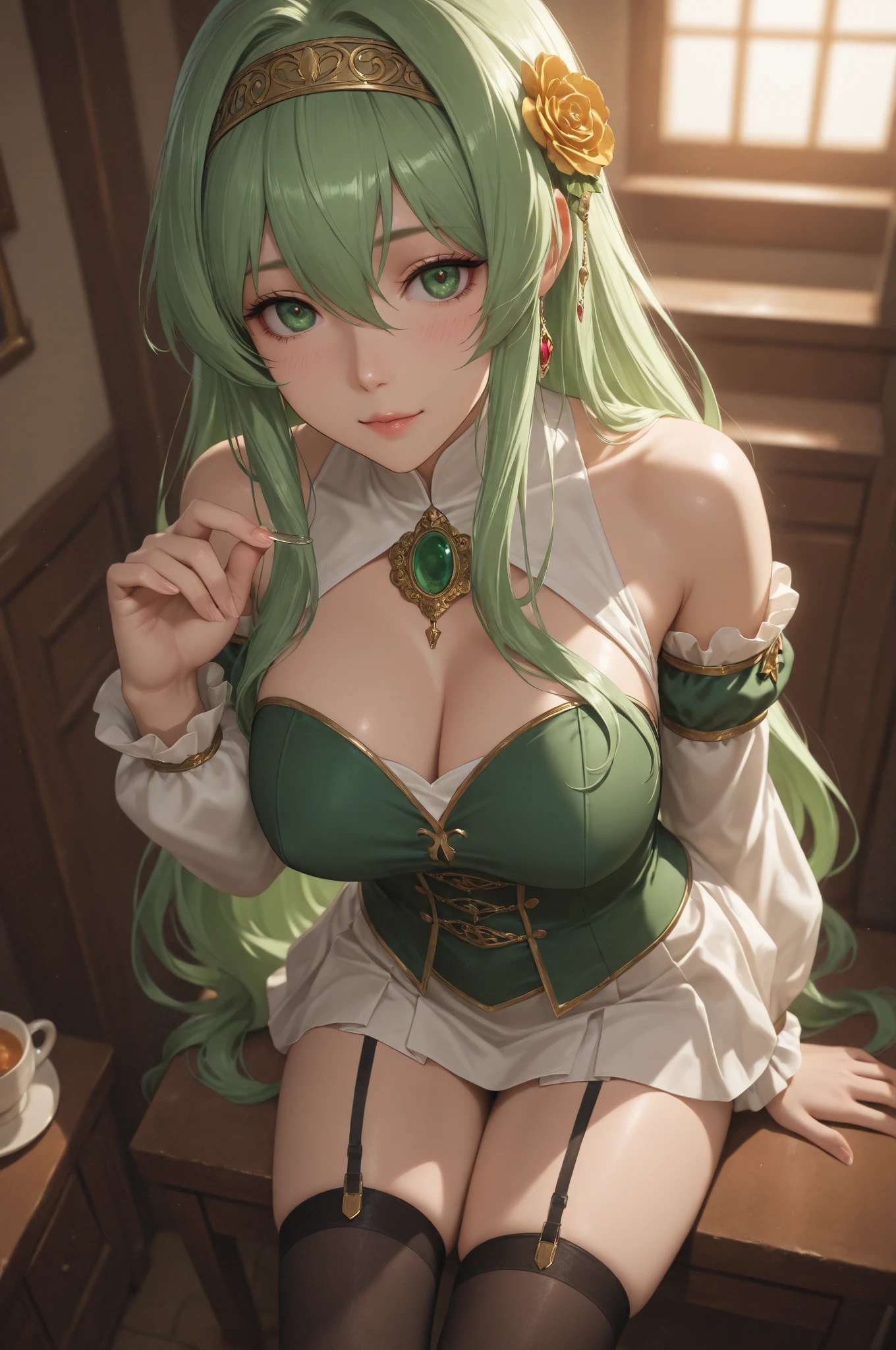 Mommy green hair with two small braids with yellow eyes with very large and huge breasts wearing a dress with a girl skirt with a large star on her chest with a patch on her left eye very detailed and beautiful