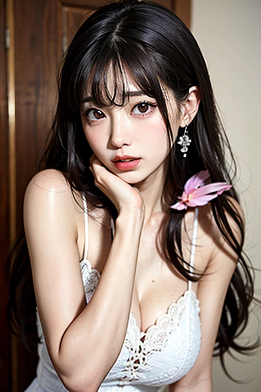 best quality,masterpiece,extremely detailed,high res,4k,ultra high res,detailed shadow,ultra realistic,realistic,dramatic lighting,1girl,solo,detailed face,realistic eyes,realistic skin,white dress,purple hair,dynamic pose, white lace see-thru dress : cleavage small breast , nipple