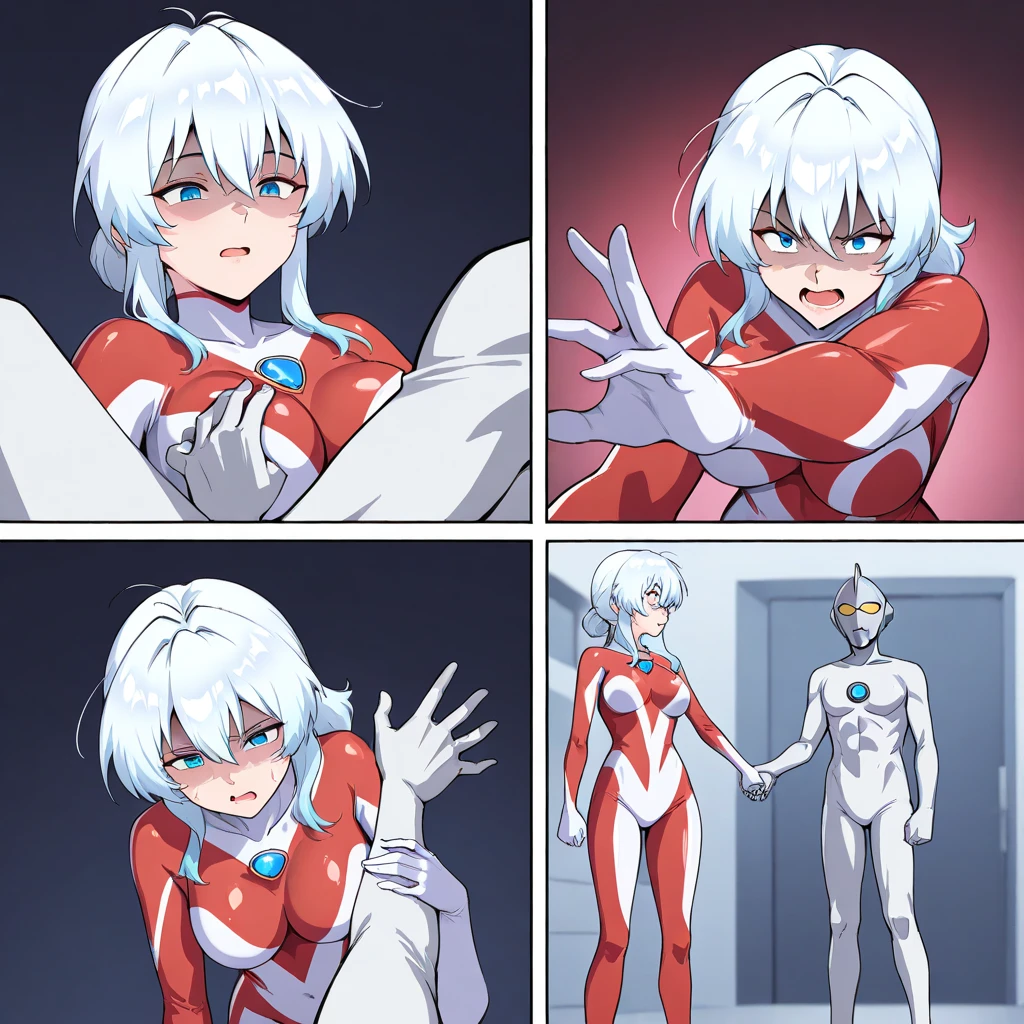 rating_explicit, 2 woman, 1 short white hair woman, white skin, slim body, slender body, black lipstick, missionary sex, 1 black strong tall woman futanari, african skin, robotic red arms futanari, black bun samurai hair, bed, night, dark, romantic