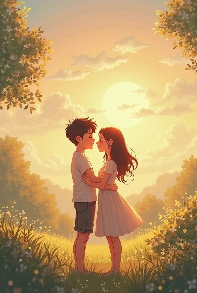 Boy and girl kiss each other in a sunset with greenery land background with rainbow in the sky