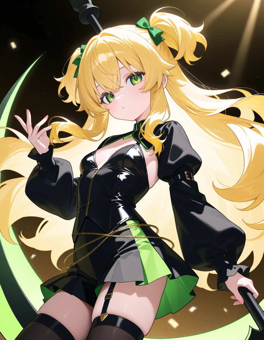 ((worst quality, low-quality)), ((Horned, Cow chemomimi girl)), Solo,  ((Green hair,poneyTail:1.3)), (Big breasts), Hair over one eye, plump shiny lips, Beautiful clear eyes, Spoken Heart, Leaning forward, (Dynamic Pose:1.2), (black and yellow theme:1.4), ((japanese idol costume with bee motif, punk and fancy style):1.2), (roll-up sleeves Latex black closed jacket with yellow bellied lapel:1.4), (zip-up:1.5), (costume divided into tops and bottoms:1.3), (collarbone:1.3),(Stained glass window background), ((Shining sunlight)), (opal), (light Particle, light glow, llight rays:1.4), masutepiece,Best Quality,ultra-detailliert, (crazy amount of buttons and needles:1.2), (yellow (eyelet belt, grommet belt):1.3), (yellow (See-through tulle skirt, tulle Layered mini skirt) with ruffles:1.3), (fancy over-knee-socks with black and yellow striped pattern:1.4), (black high platform boots with lace-up:1.2), (choker with silver needles:1.3), (bangle with silver needles:1.3), (Cute logo with a bee motif on jacket:1.2),(Stained glass window background), ((Shining sunlight)), (opal), (light Particle, light glow, llight rays:1.4), masutepiece,Best Quality,ultra-detailliert,