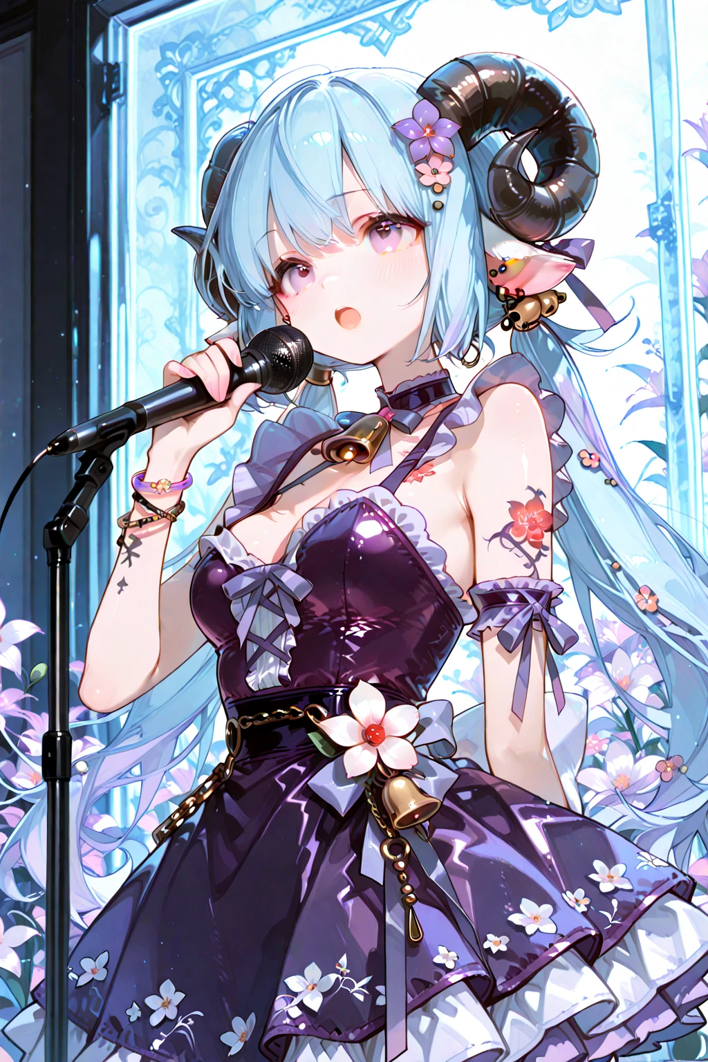 absurdres, UHD, 8K, 1girl, virtual youtuber, solo, horns, blue hair, long hair, :3, thick eyebrows, blue eyes, short eyebrows, bangs, purple ribbon, animal ears, hair between eyes, ribbon, closed mouth, multicolored eyes, upper body, portrait, maid headdress,