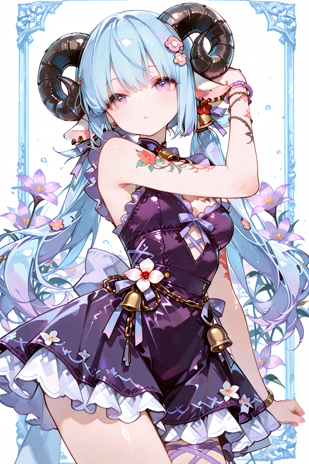 Extreme Detail, perfection, aerial photograph, Like a work of art, Anime girl with ice and snow sword, Her pink hair and long purple skirt complement each other well., Ayaka Genshin gazing into the distance, Leading to the world of Genshin.