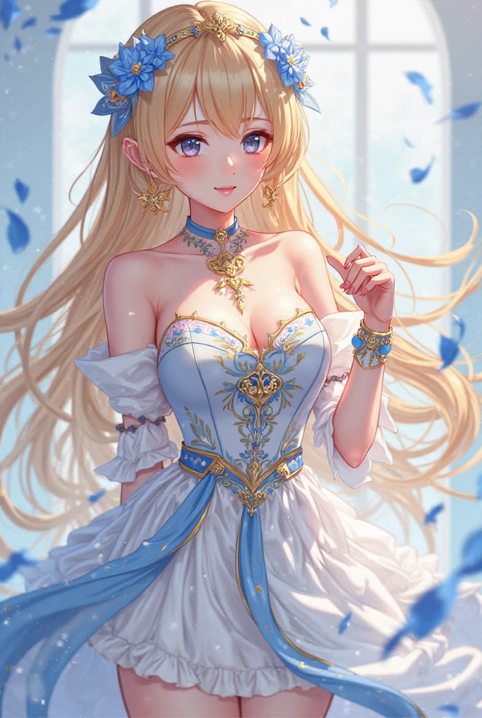 ((highest quality)),(ultra high resolution),(Super detailed),(detailed description),((best CG)),(best work of art),super precision art,amazing drawing art,(Fantasy art with precise details:1.5), (1 girl:1.5),((aristocratic daughter:1.6)),(beautiful and well-shaped face:1.5),(innocent smile:1.5),(deep blue eyes:1.5),(Luxurious backless dress with intricate details:1.6),(Tiara with sparkling gems embedded in it:1.4),(blue roses surrounding her:1.4),Evening gloves with golden embroidery:1.5, (A detailed rose garden:1.4),