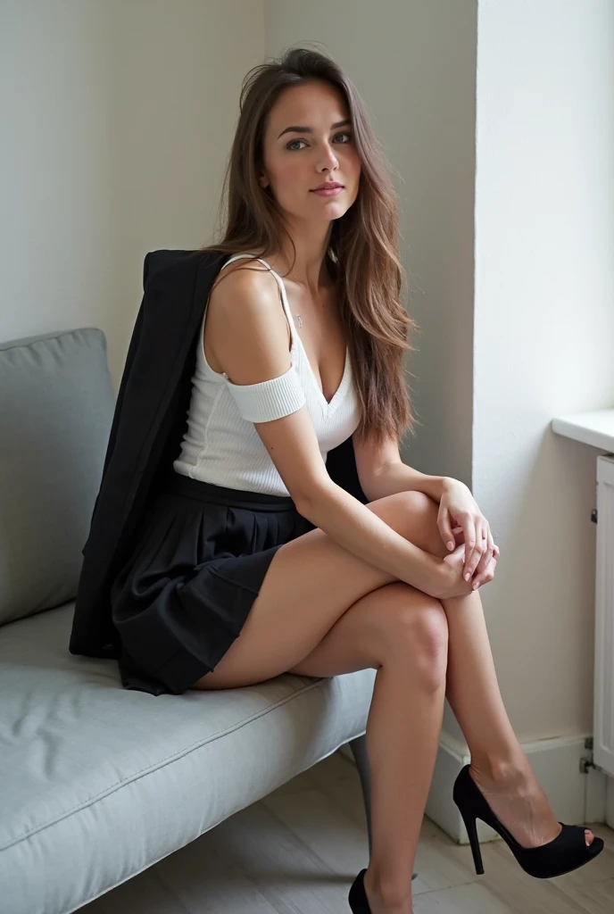 Raise your heels, sit down and show your buttocks from the front, hold your knees, white panties, blazer jacket, long hair, realistic, photographic, cute,