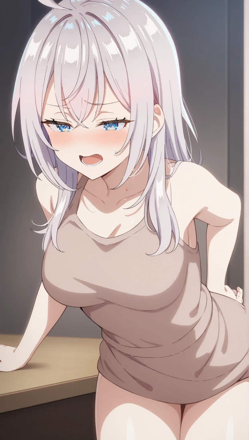 masterpiece, best quality, ultra-high-detailed, Disgusted face, white hair, red eyes, sigtuna julie , small , navel, ,Sweat, Warm body, hot body, A lot sweat , more sweat, hot temperature, , sweating, looking to viewer, deep eyes , evil smile, Sweated a lot, warm room, White wet t-shirt, mini skirt