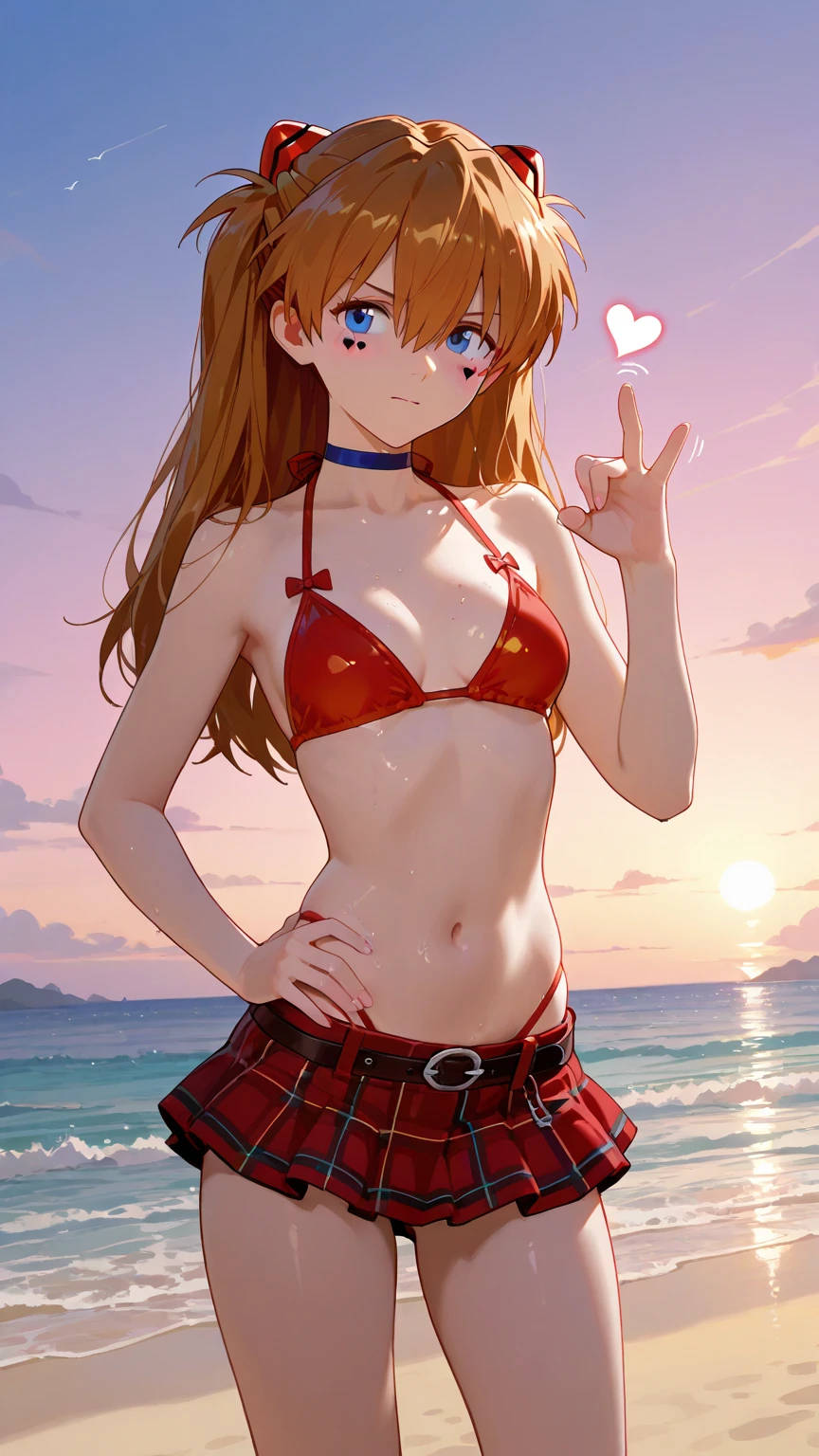  Eva Asuka Langley with perfect face, slim figure, ample breasts, wearing a red bikini, smiling and reaching out to you on a beautiful beach.。Low angle