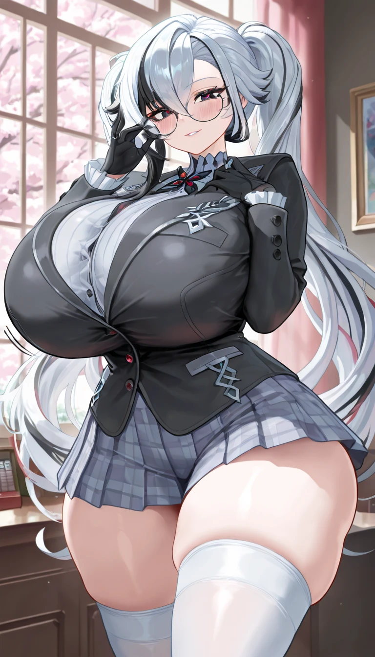 Anime Kawaii sexy Perfect Slim sensual body large breast and huge thighs, An intricate and highly detailed illustration of anime (Young girl)  1 girl, light hair, darker eyes, Solid eyes, blank stare, shorth hair, two braids, breasts big, school clothes, white collar, jaket, cape, overskirt, knee socks, no expression, no back ground, white background