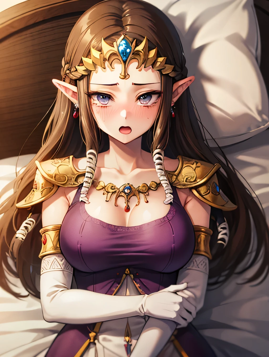 (Blushing),((((Crying)))),((Her whole body is tied up in thick brown rope)),((upper body)),((alone)),((Lying in bed)),Anime art style,masterpiece,(Highest quality), (Super detailed),(Very delicate and beautiful),(alone),(Detailed face and eyes),Beautiful eyes like jewels,(A truly gorgeous jeweled ruffled rococo ball gown dress),(((Mature Woman,Queen))),((1 Queen in a beautiful embroidery and jeweled absolutely gorgeous rococo ballgown dress with voluminous full length hoop skirt)),((crinoline)),Very detailedな絶対にゴージャスなロココボールガウンdressとフリルのボリュームのあるフルレングスのフープスカート,((Lots of straight hair,Very long straight hair with great volume,Super long straight hair)),,Cleavage,(bed),length_gloves,Very gorgeous hair ornament,Sparkling、A very gorgeous jewel-encrusted tiara,((Gorgeous Glitter Jewelry)),Full body portrait,((bangs)),((Golden hair ornament)),((((Front Face)))),((((Adult Expressions)))),((((Beautiful Face)))),((((dress)))),((smile)),(((Long Hair)))),((((Straight hair)))),((Cleavage)),((((Dark brown hair)))),Princess Zelda,((chest is slightly exposed)), ((Highest quality)),,(Very detailed) ,((Purple blouse)),((Put your arms behind your back)),Brown Hair,((Embarrassed look)),Blushing, ((Highest quality)), (Very detailed),((detailed)),(((pray))),Nintendo, The Legend of Zelda),Crying face,Blushing,((alone)), ((Highest quality)), (Very detailed), ,