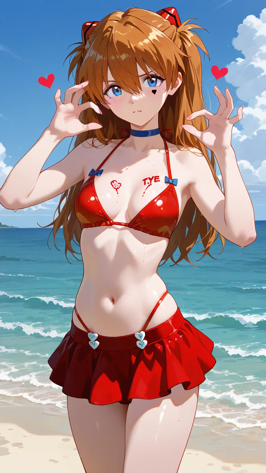 Shana,灼眼のShana,Long Hair, Red Hair, Red eyes, Ahoge,smile,blush,Small breasts,Open your mouth,Red bikini swimsuit with ruffles,barefoot,Wet Hair,Wet swimsuit,Wet Skin,Water Play,Daytime,Clear skies,True Summer,　　　　　　　　　　　　　　break outdoors, Ocean,Beach, 　　　　　　　　　　　　　break looking at viewer, whole body, (Cowboy Shot:1. 5) 　　　　　　　　break (masterpiece:1.2), Highest quality, High resolution, unity 8k wallpaper, (shape:0.8), (Beautiful attention to detail:1.6), Highly detailed face, Perfect lighting, Highly detailed CG, (Perfect hands, Perfect ???????),