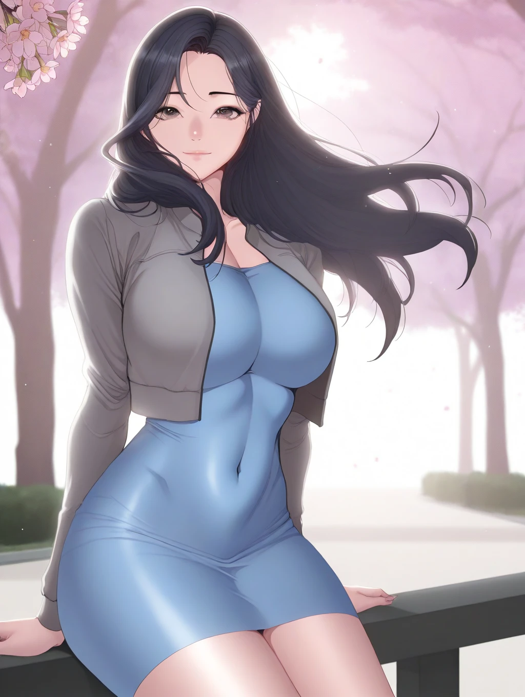 masterpiece, best quality, amazing quality, very aesthetic, absurdres, newest, scenery, anime screencap,    <lora:Chunhwa_-_FITNESS:1> chunhwa, 1girl, black hair, , long hair, brown eyes, mature female, miniskirt, covered navel,blue dress,open jacket,grey jacket,  cherry blossoms, park, light particles,bloom, flower,  light smile, looking back,  looking at viewer, , backlighting, looking back, ,white sneakers, (shushing), crossed legs, sitting, dutch angle, open mouth,
