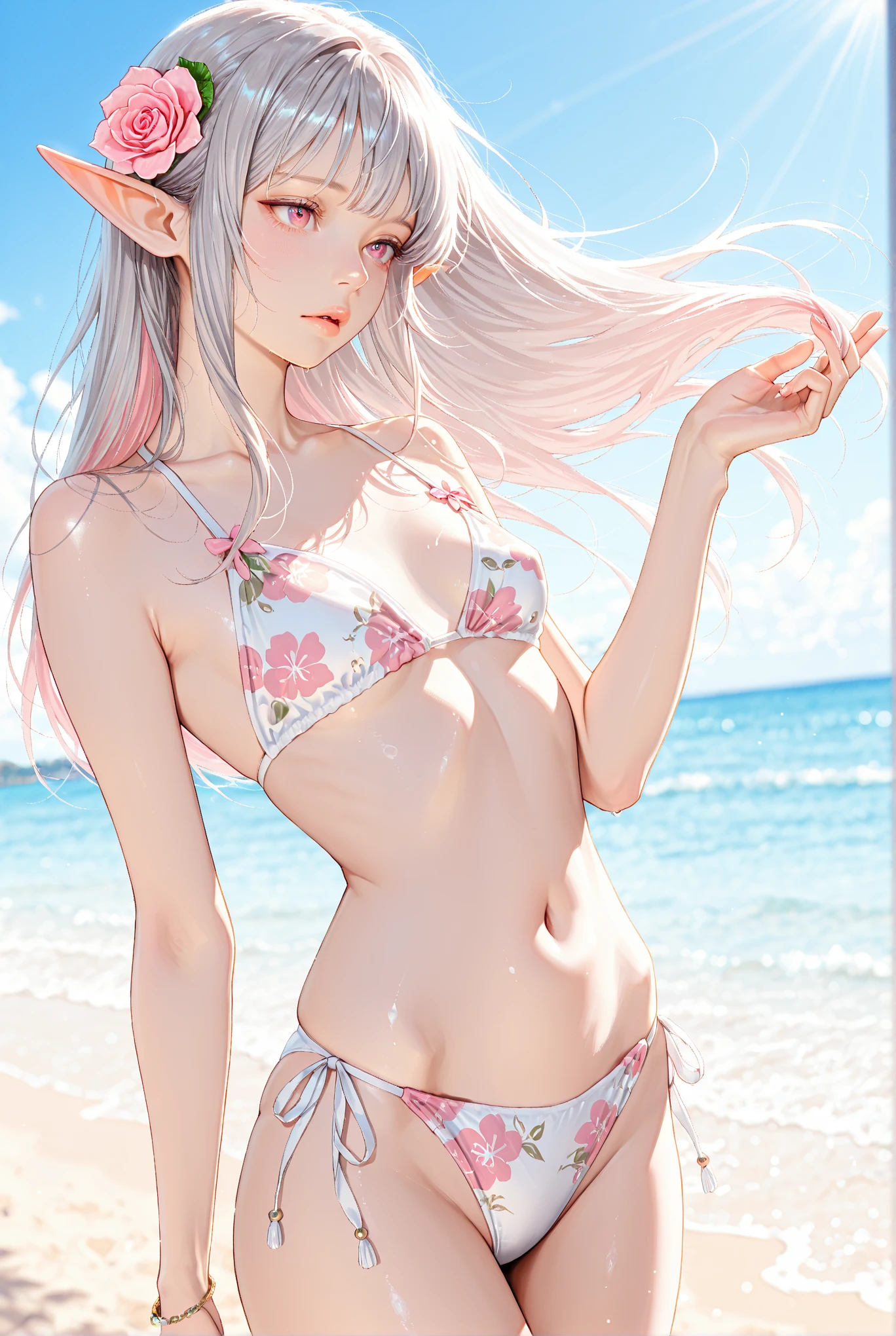 (best quality, masterpiece, perfect face) pink hair, 18 years old girl, medium tits, beach
