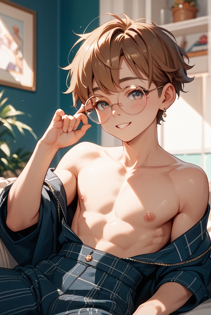 masterpiece, best quality, game cg, 1boy, solo, male focus, looking at viewer, upper body, , <lora:shouta_doi:0.64>, shouta_doi, grey hair, blue eyes, glasses, gothic costume, A tropical paradise where the sun shines brightly every day,