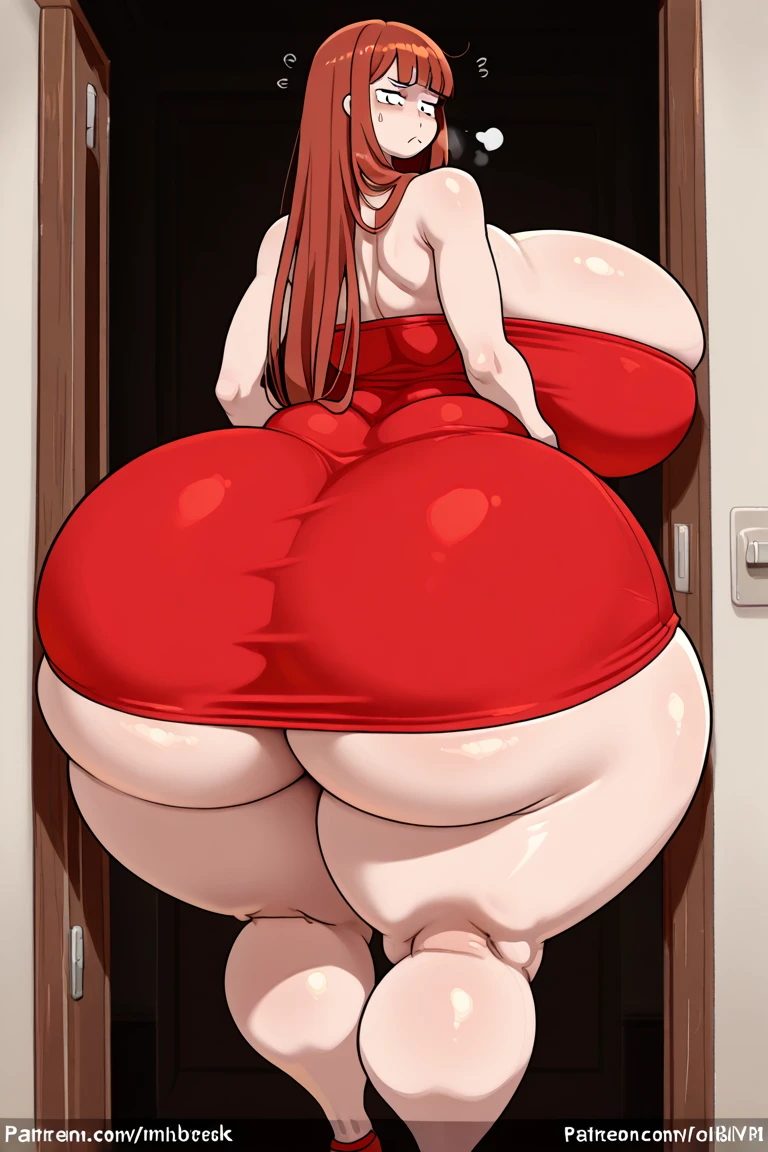 High resolution, Highschool Dxd, Rias Gremory, 1girl, ((bimbo))), long red hair, blue eyes, sexy face, puffy lips, painted lips, thick lips, wide hips, thick thighs, enormous Natural breasts, shiny skin, oily skin, tall, red strapless dress, jessica rabbit, legs,