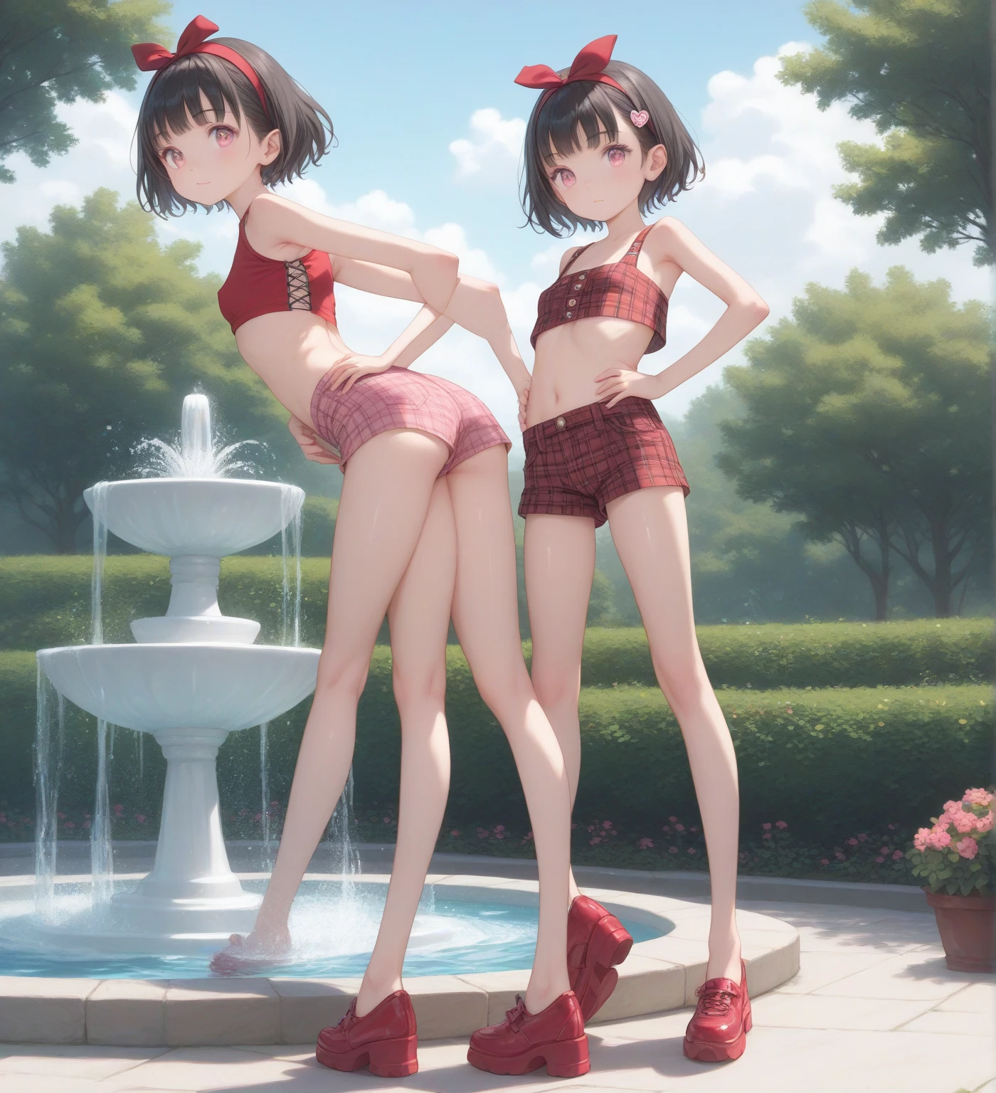 (nsfw:1.2),((2 girls,10yo)), (Blushing:1.4), (silk highleg small tight sports bikinis red white and black color), evil Smile, Cowboy Shot, Slim body, large breast, Full Body, (????? nipples,cameltoe:1.2)