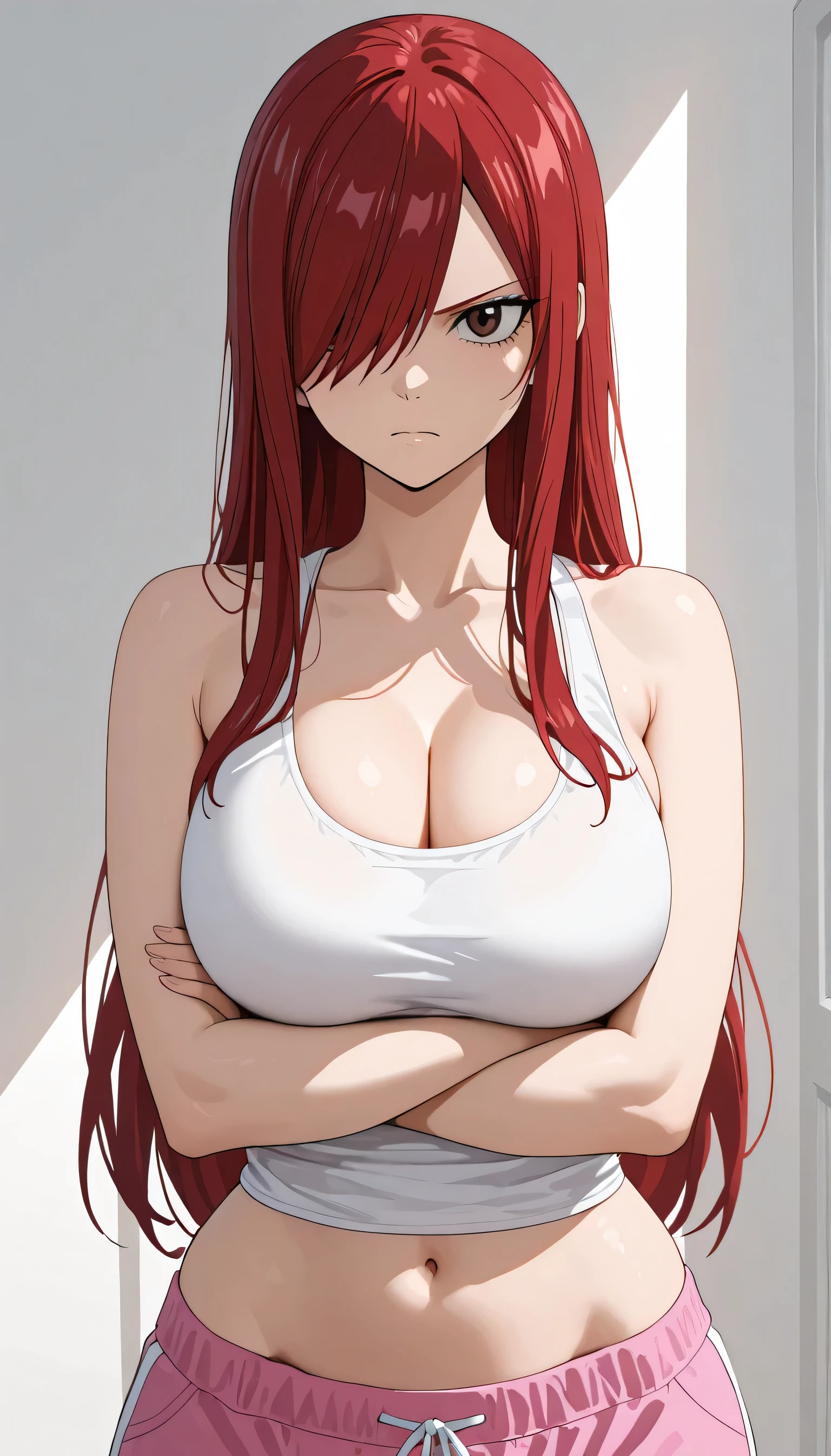 masterpiece, high score, great score, absurdres, close-up, beautiful woman, erza scarlet, long hair, red hair, hair over one eye, brown eyes, perfect round breasts, navel, cleavage, (wide hips), ((beautiful eyes)), vivid colors, volumetric lighting, soft lighting, one girl, one female, one woman, standing:crossing arms across the chest or folding arms in front of the chest, indoors,white tranparant tank top, pink gym shorts, white background, simple background, upper body, serious mode