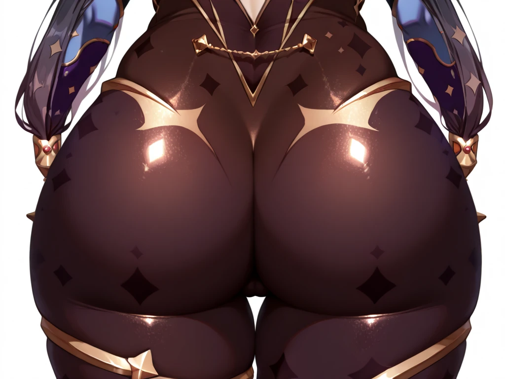 masterpiece, best quality, full body, 1solo full body female lysitheauniform uniform, hands on hips full body, whole body. long sleeves, from above far shot, showing ass, black background, golden armor, black collar, pauldrons, breastplate, corset
