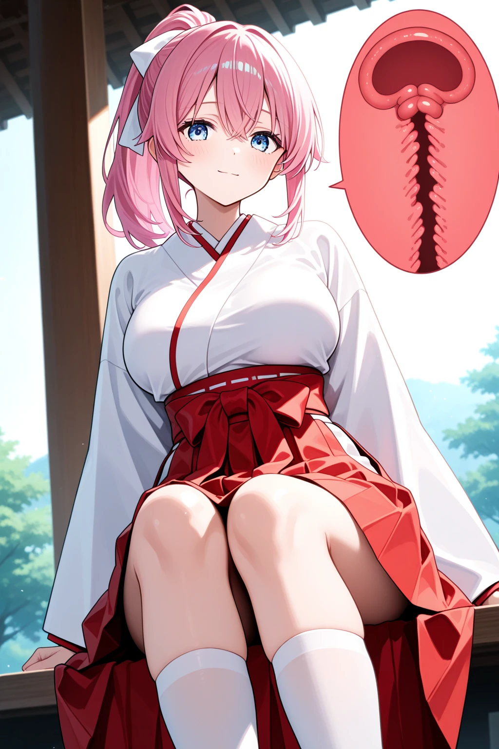 (masterpiece, 4k, best quality, highly detailed, 1girl, solo, blush, hair between eyes, hakama, full body, knees together, sitting on floor, Shuna, lewd, bare legs, hakama short skirt, petite, legs up, pantyshot), ((leaning back)), hip bones, cowboy shot, pink hair, pink eyes, long hair, small breasts, looking at viewer, <lora:ShunaV1:0.7>
