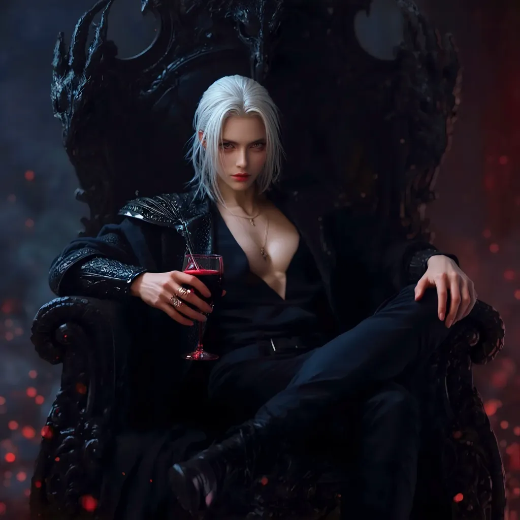 Create a handsome and attractive prince of hell, that has long white hair, that has blue-purple eyes, Leave her chest exposed with some tattoos and put on a long, semi-transparent black robe with gold embroidery, that he has leather pants with a belt, Put a bracelet on his arm too. Let him sit in an elegant black chair with thorns and diamonds and hold a glass of black wine in his right hand.