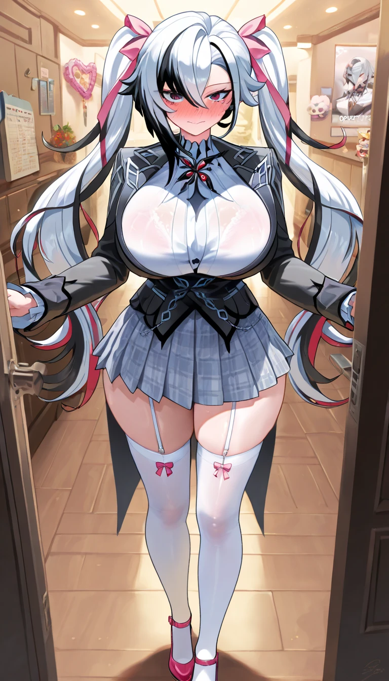 18-year-old girl,Baby Face,Crimson short-haired,ponytail hairstyle,Smile,Huge breasts,cleavage,Sheer red sleeveless top,Leave space in the middle to reveal cleavage,Soaked all over,Blushing,green eyes,Female spy,Red miniskirt,White gloves,White hand sleeves,White boots,Science fiction,Future,Inside the mecha combat robot warehouse,robot driver,Pistol hanging on waist,No bangs,Wearing earrings only on one side,Lipstick