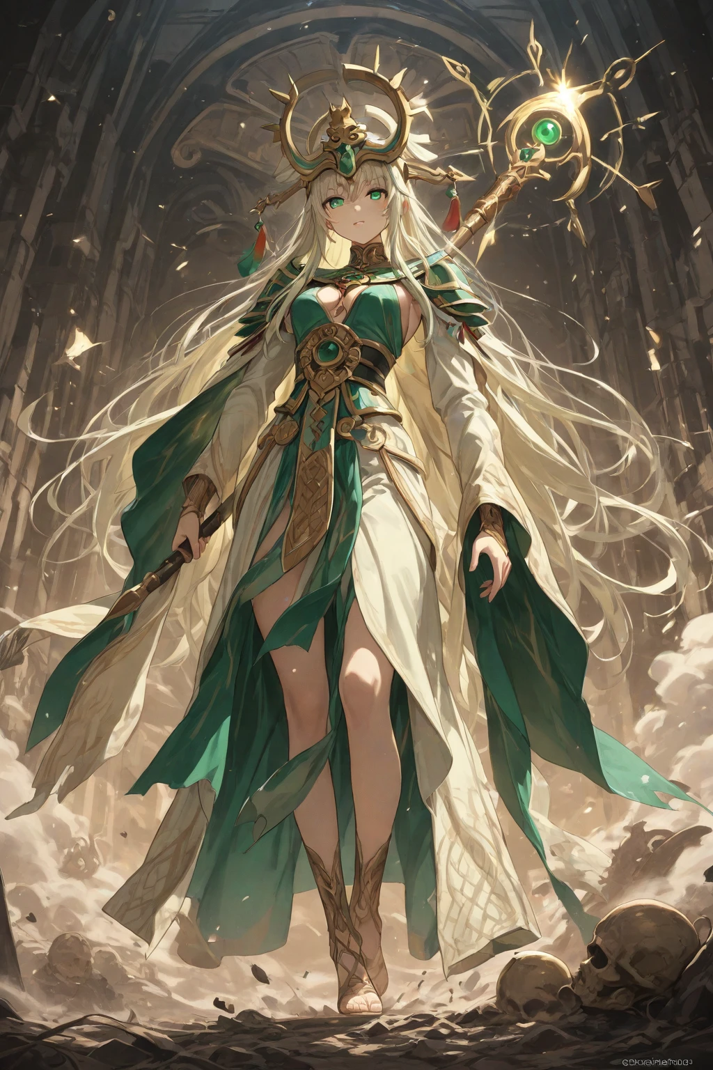Silver Hair。Elven Goddess。Goddess of Archery。Artemis。Green clothes。Wearing brown boots