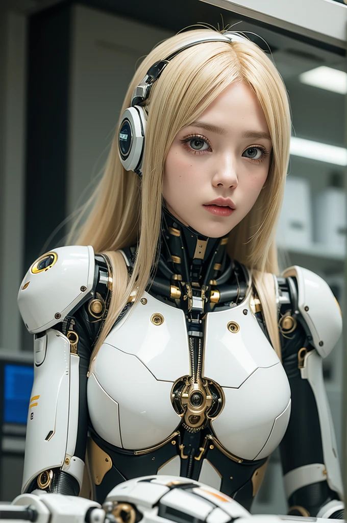 (8k, RAW photo, best quality, masterpiece:1.2), (realistic, photo-realistic:1.37), ultra-detailed, wallpaper, 1girl, cute, (big breasts:1), look-like (Watanabe-Mayu), detailed face, (cyborg eye), (shag short hair),(complex 3d render ultra detailed of a sci-fi bigini white-iron suit:1.2), (android face:1), (cyborg), (robotic parts), (luxurious cyberpunk), (hyperrealistic), (anatomical), (cable electric wires), (microchip), (robot), (Sit upright in an office chair), (full-body:1), detailed office, morning, professional lighting, cinematic lighting, photon mapping, radiosity, physically-based rendering, <lora:japaneseDollLikeness_v10:0.5>, (full-body shot),