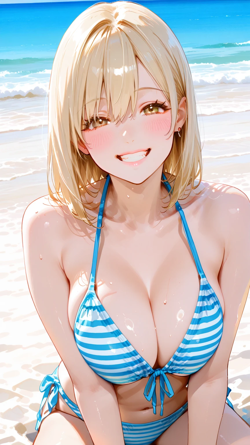 One Woman, Highest quality, masterpiece, Super Resolution, Large Breasts, Red micro bikini, Idol, Beauty, Underboob, Sideboob, Beach, from the front, Cleavage, 8k, High resolution eyes, High-resolution contours, Mature Woman, Married Woman, Adult charm, 大人のsex appeal, Forehead visible, Stylish, Sexy expression, Mother, High-resolution pupils, blush, Droopy eyes, High resolution face, Blonde, deck, sexy, High resolution breasts, Ultra HD, Open your mouth, model, Emphasize the chest, Upper Body, sex appeal, High resolution mouth, Sandy Beach, Ocean, Standing posture, ?????, Sexy body