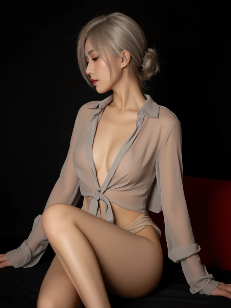 (In the dark: 1.6), volumetric lighting, very detailed faces, 4 k, award-winning, in the dark, deep shadow, low profile, high heels, bare legs, short hair, 2 white hair nude woman in erotic lingerie sitting on bar stool with legs apart, full body like, (severely sagging huge breasts: 1.8), detailed face, detailed hands, detailed feet, clear and bright eyes, high-quality beautiful face, delicate skin, huge fake breasts, fine panties, taken from the front and back perspectives, respectively